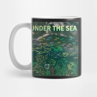 under the sea,blue sea,sea creatures,Turtle, puffer fish, starfish, shrimp, shark, tropical fish, sea horse, seaweed, sardines, squid, crabs, clams Mug